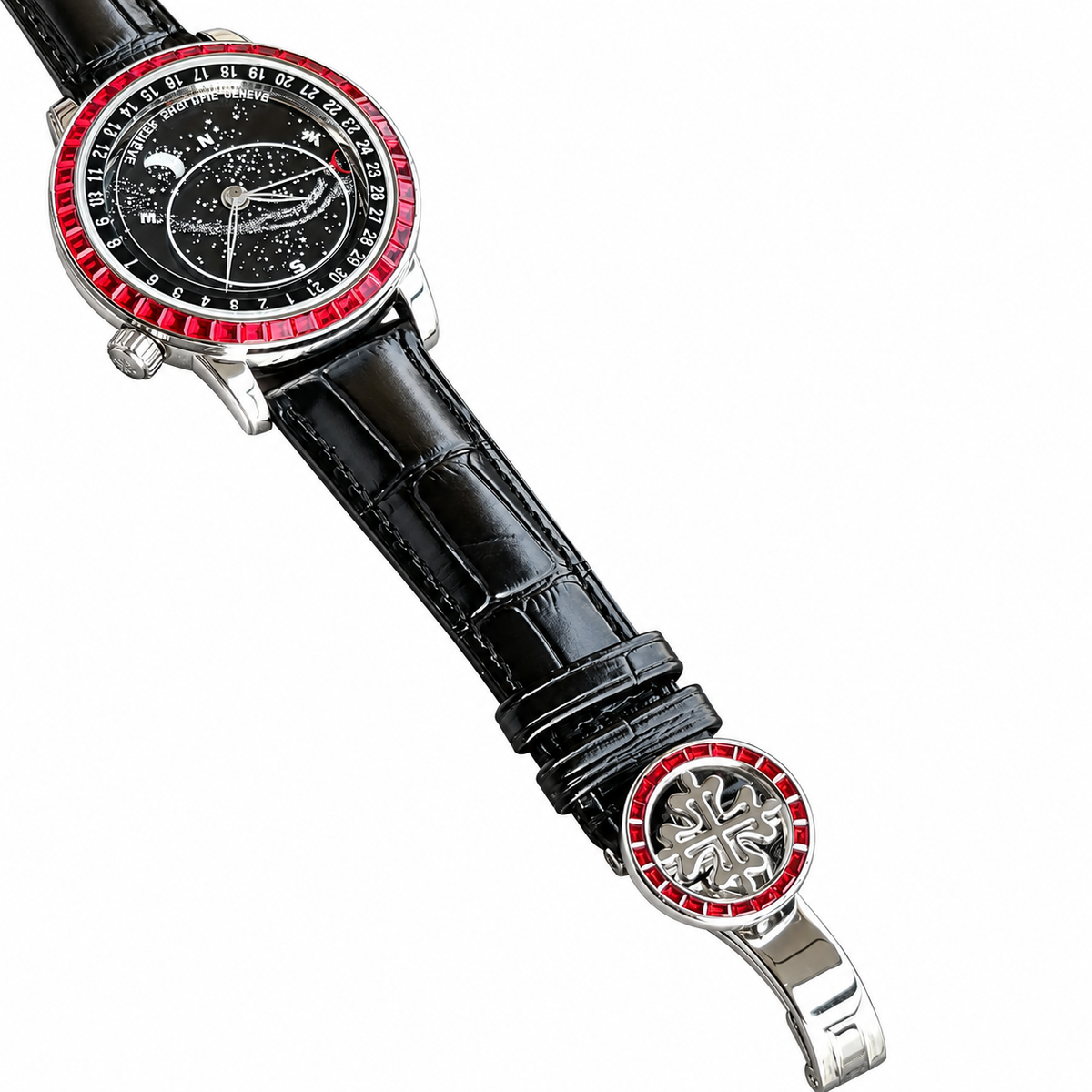 Patek Philippe White Gold Sky Moon Celestial Ruby Bezel Black Dial