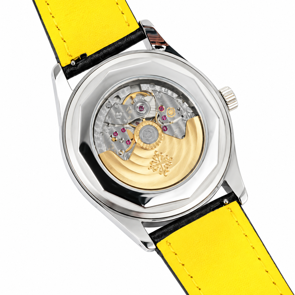 Patek Philippe Calatrava Date 40mm Steel Black Dial Yellow Accent Rubber Strap