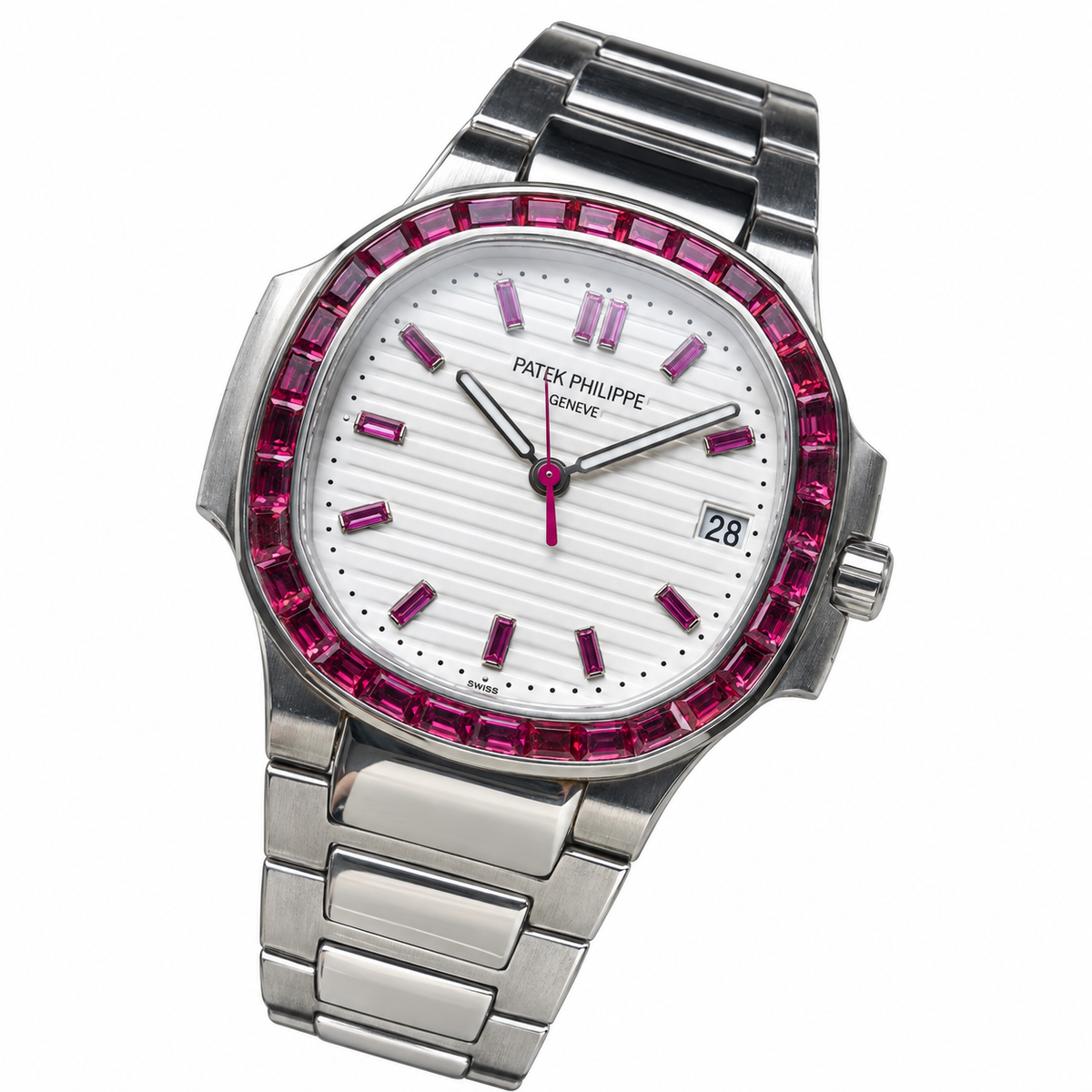 Patek Philippe Nautilus Steel Ruby Baguette Bezel White Dial 35mm
