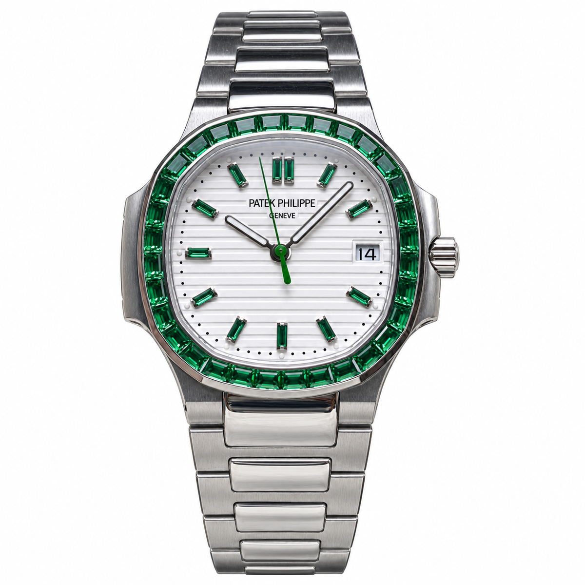 Patek Philippe Nautilus Steel Emerald Baguette Bezel White Dial 35mm