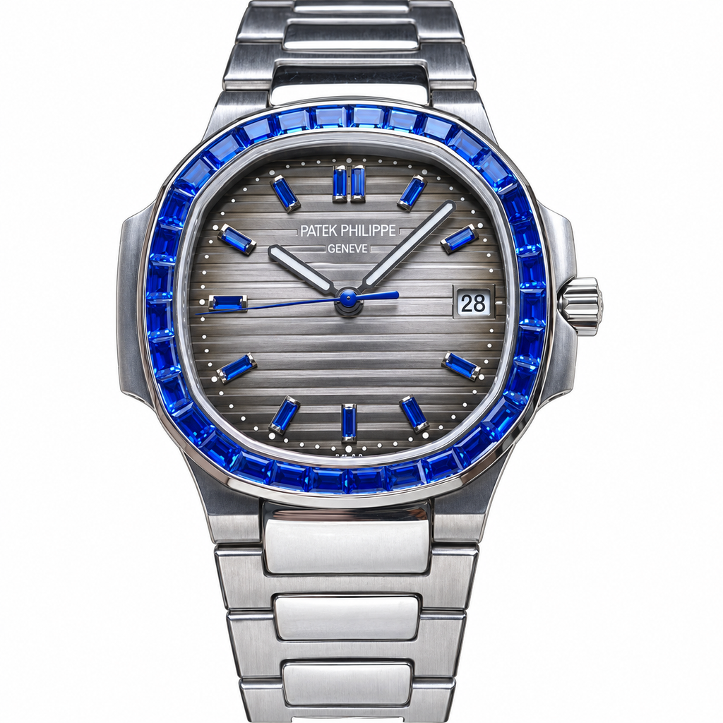 Patek Philippe Nautilus Steel Sapphire Baguette Bezel Grey Dial 35mm