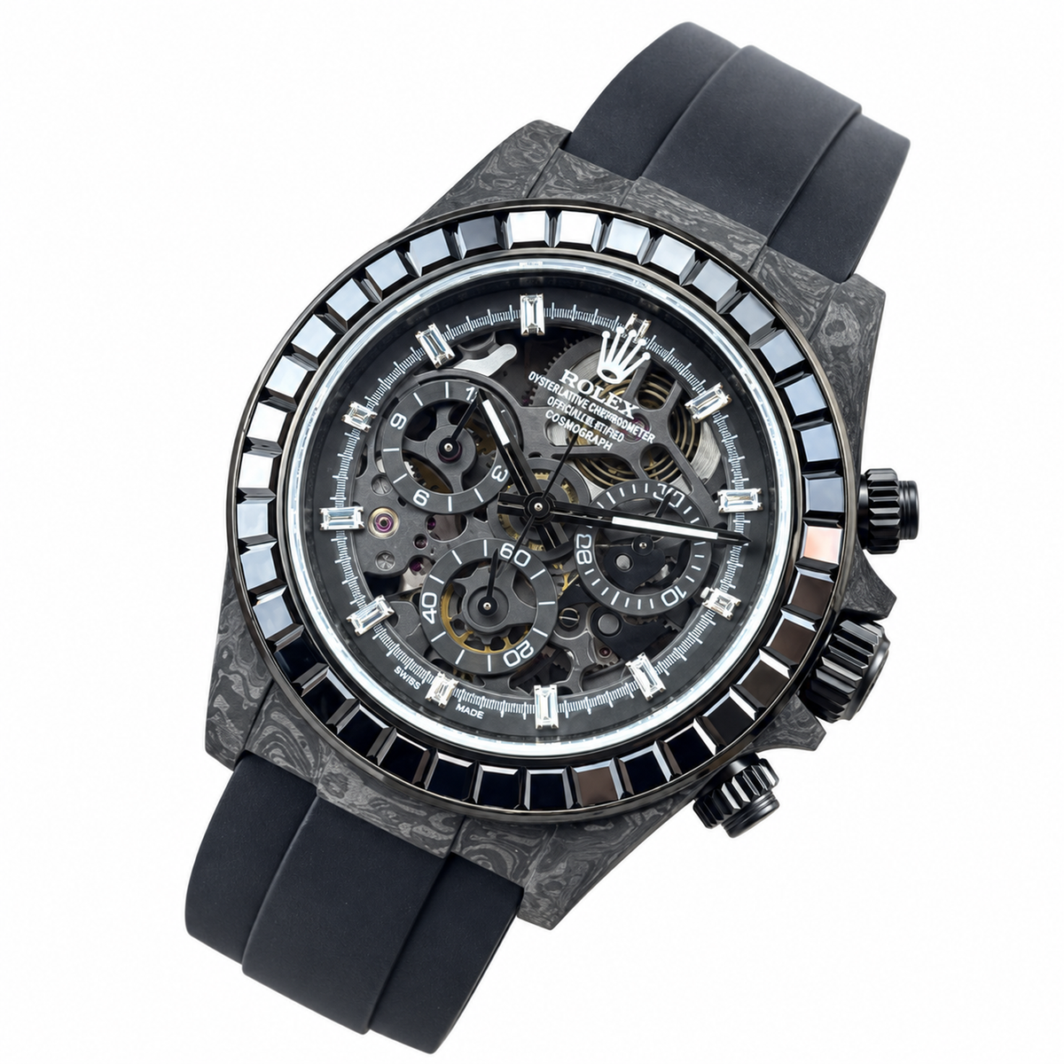 Rolex DiW Daytona Black Carbon Baguette Skeleton Watch