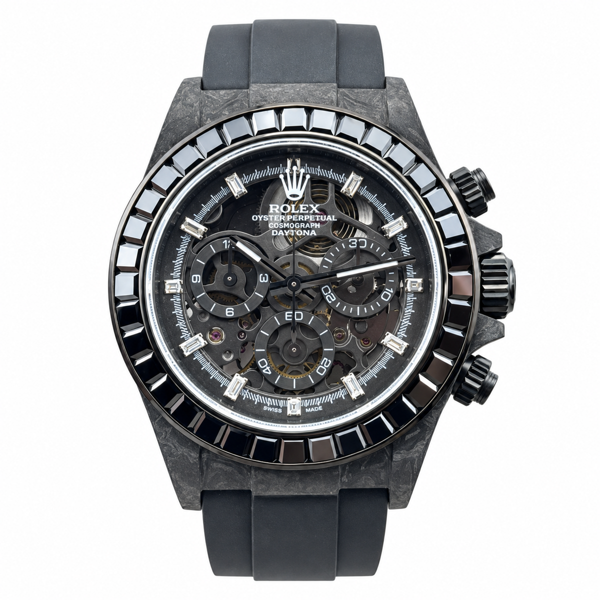 Rolex DiW Daytona Black Carbon Baguette Skeleton Watch