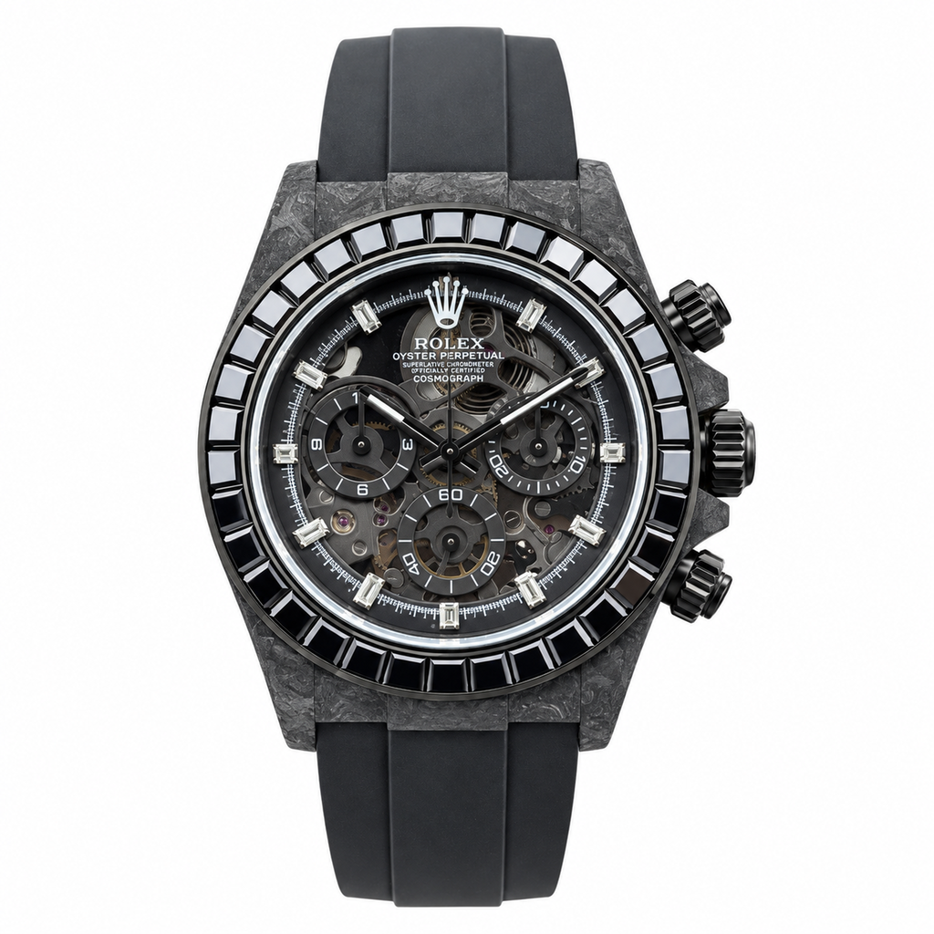 Rolex DiW Daytona Black Carbon Baguette Skeleton Watch