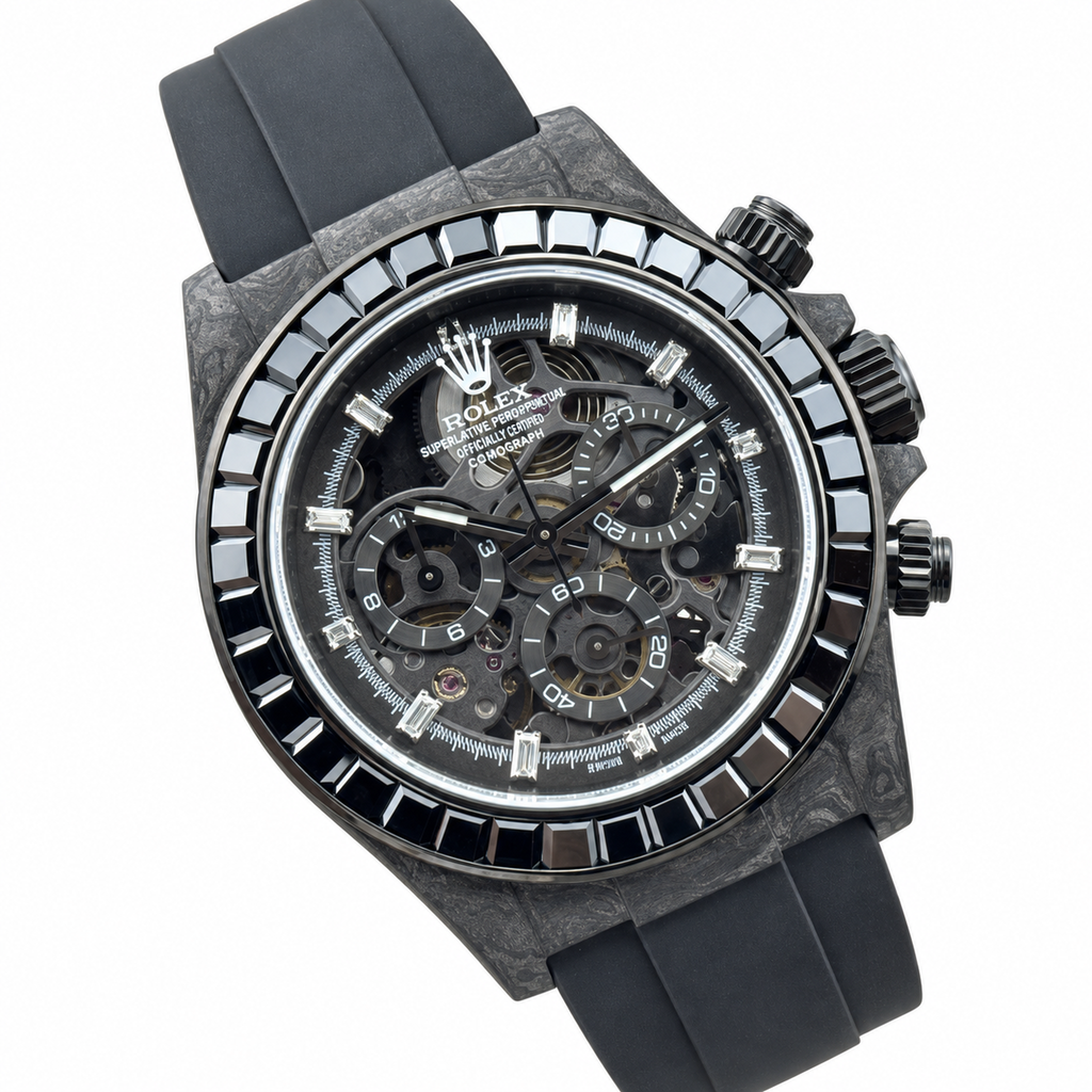 Rolex DiW Daytona Black Carbon Baguette Skeleton Watch
